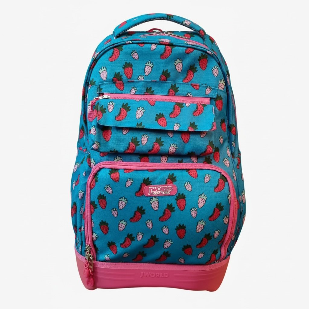 JWorld Strawberry Print School Backpack – Girls Multi-Compartment Travel & Student Bag (Blue/Pink)