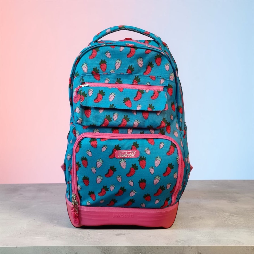 JWorld Strawberry Print School Backpack – Girls Multi-Compartment Travel & Student Bag (Blue/Pink)