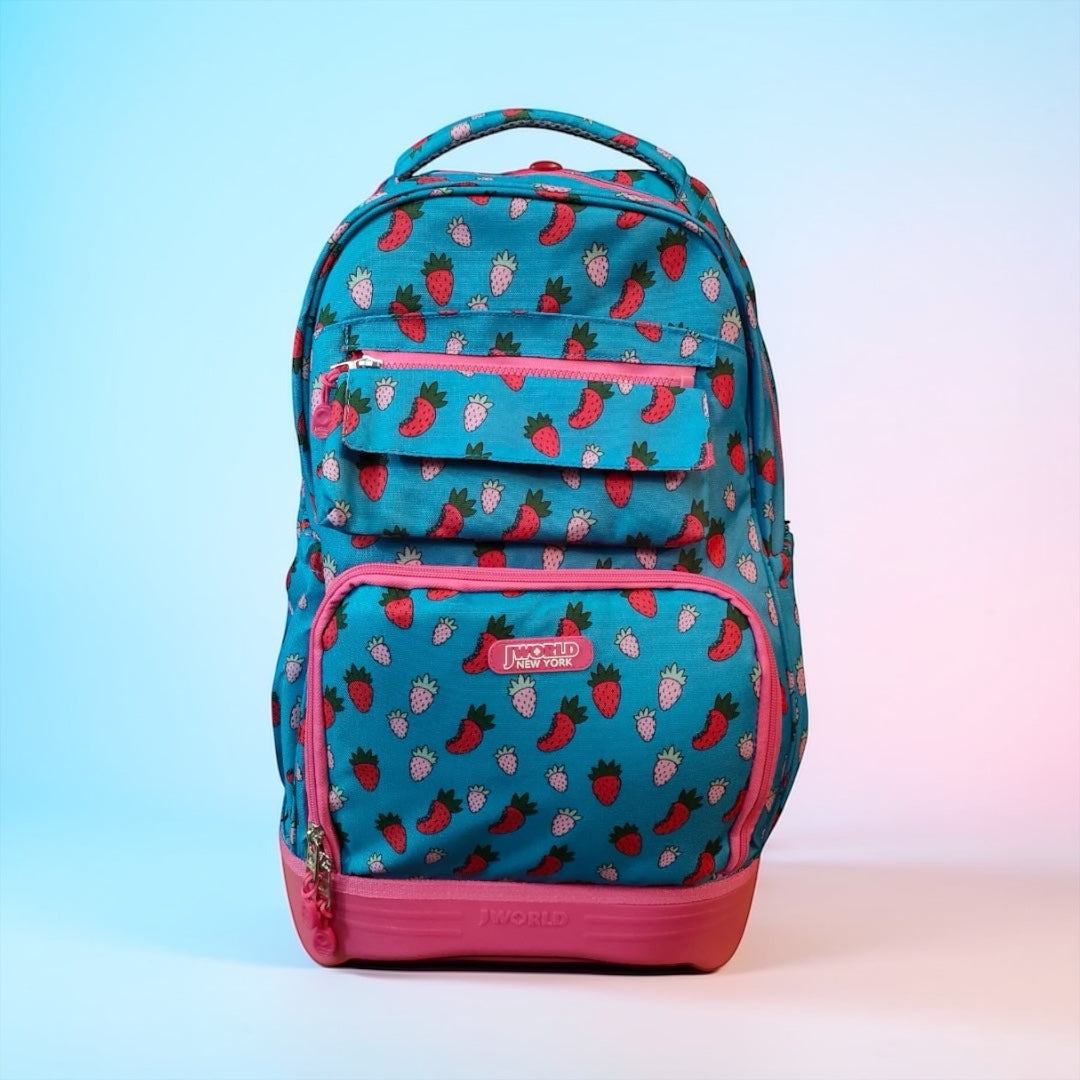 JWorld Strawberry Print School Backpack – Girls Multi-Compartment Travel & Student Bag (Blue/Pink)