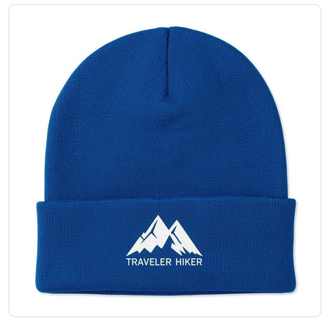 Traveler Hiker Beanie – Warm Winter Knit Hat with Mountain Logo | Unisex Outdoor Hiking & Camping Cap