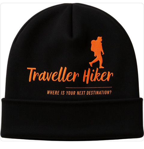 Traveler Hiker Blue Beanie – Warm Winter Knit Hat with Mountain Logo | Unisex Outdoor Hiking & Camping Cap