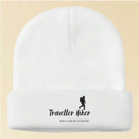 Traveler Hiker Blue Beanie – Warm Winter Knit Hat with Mountain Logo | Unisex Outdoor Hiking & Camping Cap