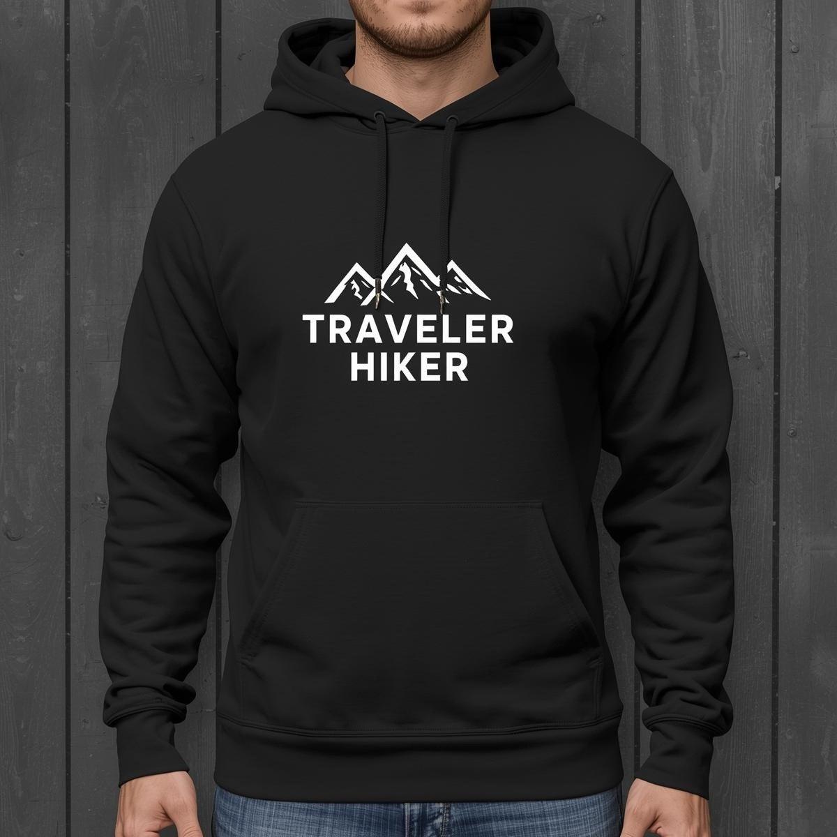 Traveler Hiker Black Hoodie – Warm Fleece Pullover with Mountain Print | Unisex Winter Casual & Outdoor Sweatshirt
