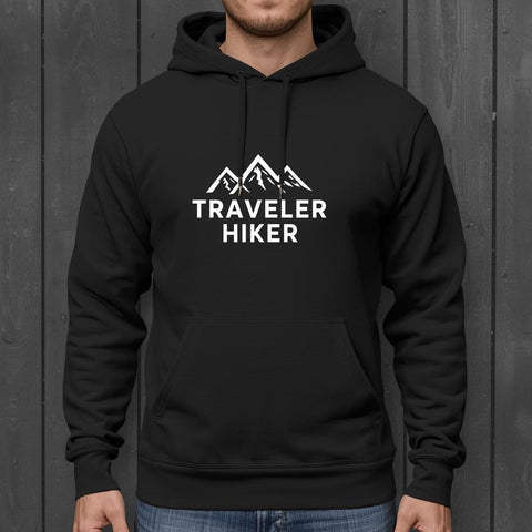 Traveler Hiker Black Hoodie – Warm Fleece Pullover with Mountain Print | Unisex Winter Casual & Outdoor Sweatshirt
