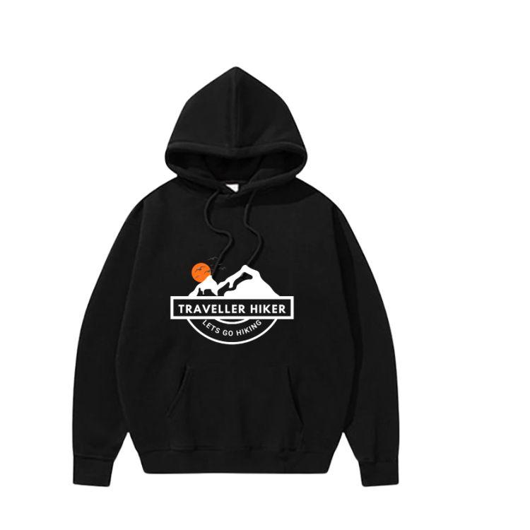Traveller Hiker Mountain Logo Hoodie – Unisex Fleece Pullover | Let’s Go Hiking Winter Sweatshirt