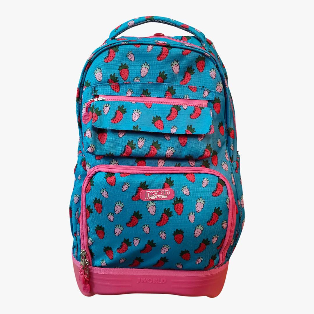 JWorld Strawberry Print School Backpack – Girls Multi-Compartment Travel & Student Bag (Blue/Pink)